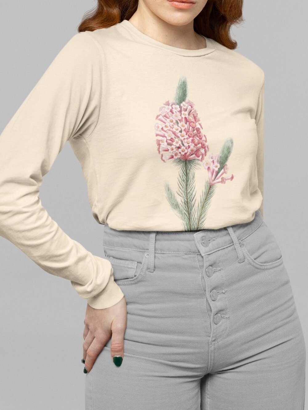 Heather Vintage Floral Print Long Sleeve Graphic Tee T-shirt S-XXL